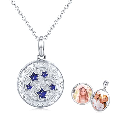 JFASHOP Stern Medaillon Kette Sterling Silber 925 Amulett Runde Anhänger Zum Öffnen für Bilder Foto Stern Muttertags Geschenke für Freundin Frau Mädchen von JFASHOP