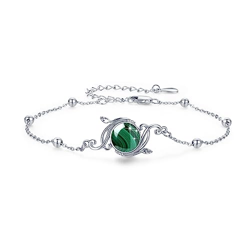 JFASHOP Malachit Armband 925 Sterling Silber Filigranes Armband Verstellbarer Armband Damen Runde Schmuck Mädchen Armband für Kinder Frauen Freundin Muttertags Geschenke Valentinstag von JFASHOP