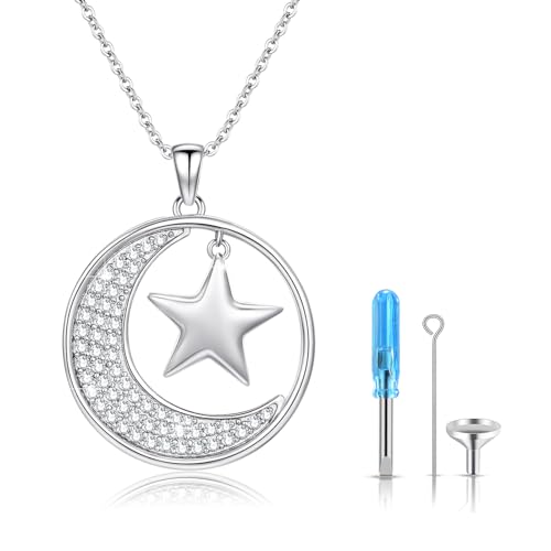 JFASHOP Urnenketten für Asche 925 Sterling Silber Stern und Mond kette Urnen Anhänger Halskette Kremation Asche Schmuck für Asche Keepsake von JFASHOP