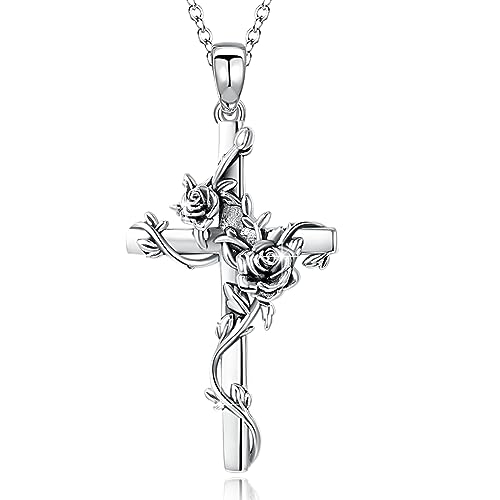 JFASHOP Vintage Cross Halskette für Männer Frauen Rose Blumen Halsketten S925 Sterling Silber Religiöser Kreuz Anhänger Gothic Punk Jewelry von JFASHOP