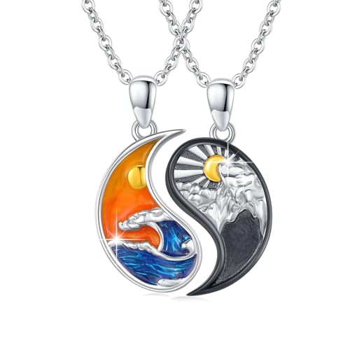 JFASHOP Yin Yang Halskette 925 Sterling Silber Taichi Paar BFF Kette Berg Sonne Anhänger Halskette 2 Stück Couple Gifts Schmuck für Damen Herren Couple Geschenke von JFASHOP