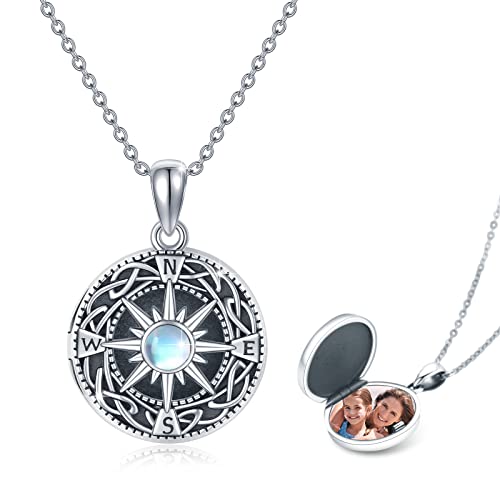 JFASHOP Kompass Medaillon Halskette 925 Sterling Silber Mondstein Kette Keltischer Knoten Foto Amulett mit Foto Schmuck Geschenke für Männer Damen Jungen Frauen von JFASHOP