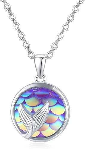 JFASHOP Meerjungfrauen Halskette 925 Sterling Silber kette Meerjungfrau Anhänger Kette für Mädchen Mondstein Schmuck Muttertags Geschenke für Damen Kinder von JFASHOP