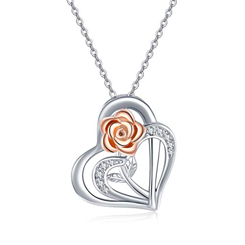 JFASHOP Rose Blume Kette Damen 925 Sterling Silber Herz Rose Anhänger Halskette Liebe Halskette Blumen Schmuck für Mädchen Freundin Kinder Muttertags Geschenke Valentinstag von JFASHOP