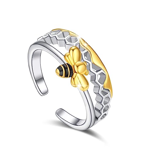 Damen Gold Biene Ring 925 Sterling Silber Honigwabe Offener Bienenringe Schmuckgeschenke für Schwester, Liebhaber, Ehefrau von JFASHOP