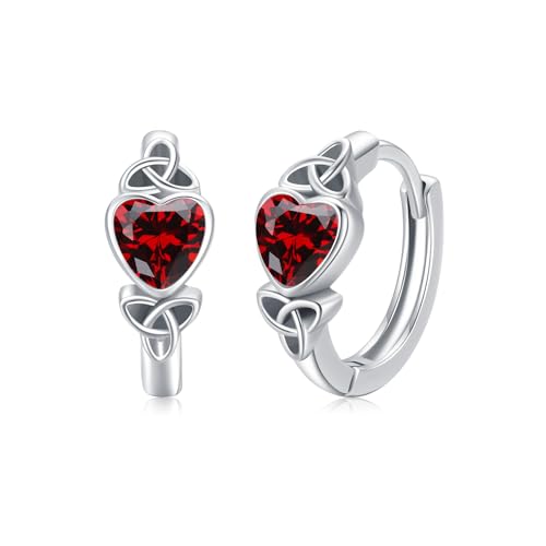 Keltischer Knoten Ohrringe 925 Sterling Silber Mädchen Klein Creolen Ohrringe Irish Schmuck Weihnachten Geschenke für Frauen Kinder (Red Kubikzircon) von JFASHOP