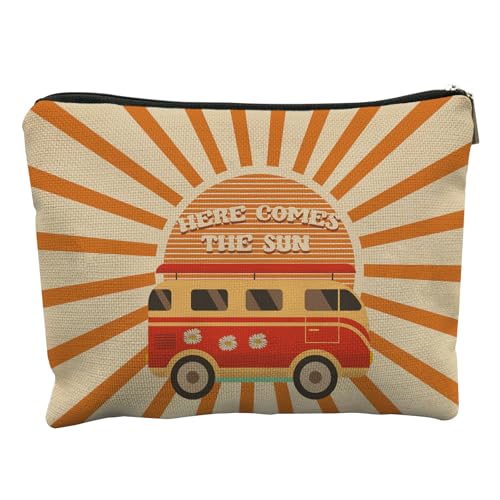 JFEHBFL Make-up-Tasche mit Aufschrift "Here Comes the Sun", Hippie-Geschenke für Frauen, inspirierende Make-up-Kosmetiktasche, Sonnenschein-Reißverschlusstasche, Reise-Kulturbeutel von JFEHBFL