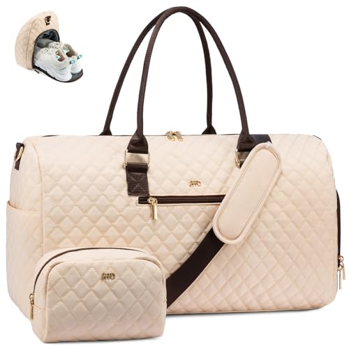 JFFD Reisetasche mit Kulturbeutel, für Damen, Wochenendtasche mit Schuhfach, Beige - Braun, Large - 2Pcs von JFFD