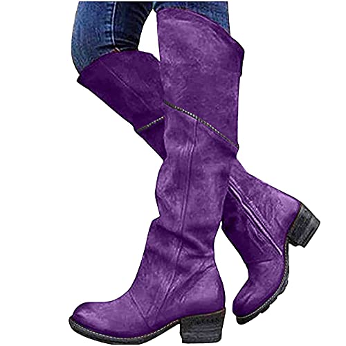 JFISQ Damen Winter Overknee Stiefel Retro Western Cowboy Boots Mit Blockabsatz rutschfest Warm Schneestiefel Mit Reißverschluss Frauen Outdoor Reise Reiterstiefel,Lila,40 von JFISQ