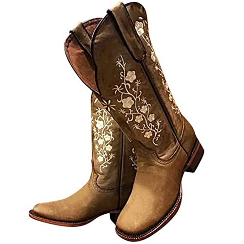 JFISQ Damen Blumen Bestickte Reitstiefel Herbst Winter Retro Western Cowboy Stiefel Mit Blockabsatz Langschaft Schlupfstiefel Oversize Outdoor Biker Boots,Braun,39 von JFISQ