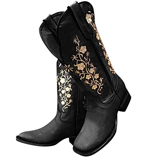 JFISQ Damen Blumen Bestickte Reitstiefel Herbst Winter Retro Western Cowboy Stiefel Mit Blockabsatz Langschaft Schlupfstiefel Oversize Outdoor Biker Boots,Schwarz,38 von JFISQ