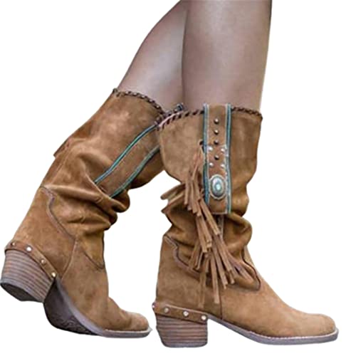 JFISQ Runder Zeh Western-Cowboystiefel Damen Niedriger Blockabsatz Booties Schuhe Retro Lässig Mode Kurze Stiefeletten Mit Fransen Atmungsaktiv Rutschfest Arbeitsschuhe,Braun,42 von Shot Case