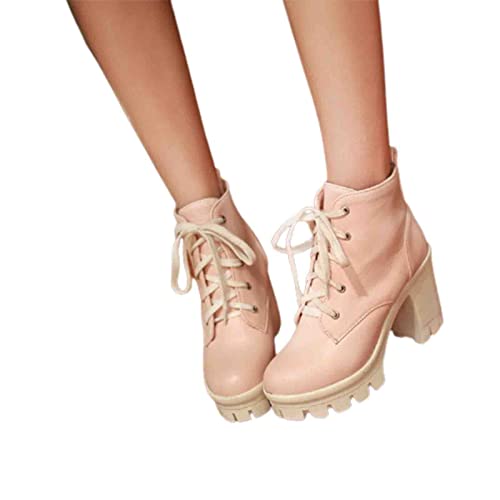 JFISQ Student Sweet Stiefeletten Damen Gothic Plateau Blockabsatz Schnürstiefel Cosplay Ankle Boots Lolita Knöchelschuhe Winter Rutschfest Warm Biker Boots,Rosa,42 von JFISQ