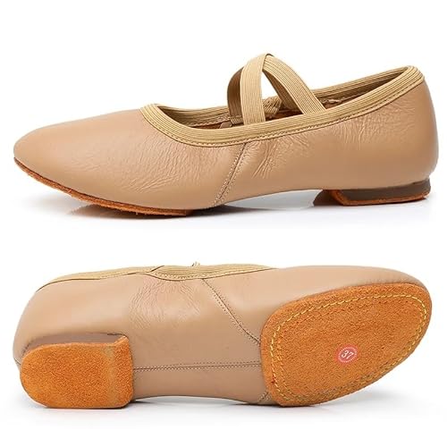 BDXMKS Ballettschuhe Jazz-Tanzschuhe aus echtem Leder, hellbraun, schwarz, rutschfeste Sohle, for Erwachsene, Tanz-Turnschuhe for Mädchen und Frauen(Tan Cowhide sole,36) von JFNKLFG