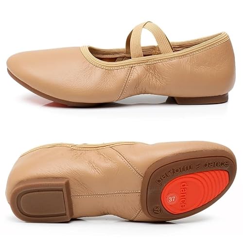 BDXMKS Ballettschuhe Jazz-Tanzschuhe aus echtem Leder, hellbraun, schwarz, rutschfeste Sohle, for Erwachsene, Tanz-Turnschuhe for Mädchen und Frauen(Tan Rubber sole,38) von JFNKLFG