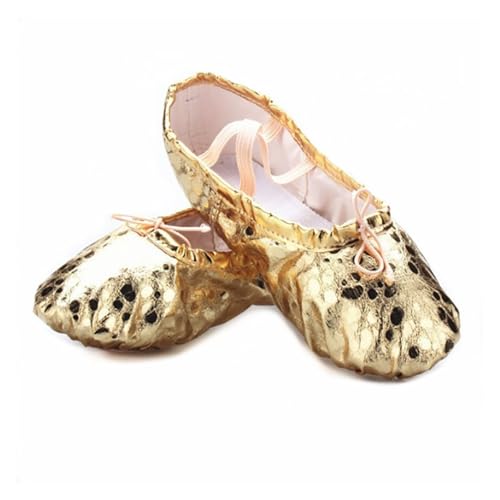 BDXMKS Ballettschuhe Qualität Goldene Silber PU Yoga Bauchtanz Schuhe Leistung Weiche Sohle Gym Ballett Tanz Schuhe Kinder Mädchen Frau(PUgold,EU32(19.5cm)) von JFNKLFG