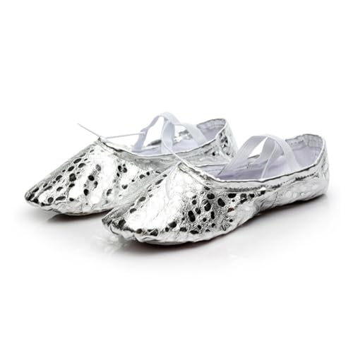 BDXMKS Ballettschuhe Qualität Goldene Silber PU Yoga Bauchtanz Schuhe Leistung Weiche Sohle Gym Ballett Tanz Schuhe Kinder Mädchen Frau(PUsilver,EU26(16.5cm)) von JFNKLFG