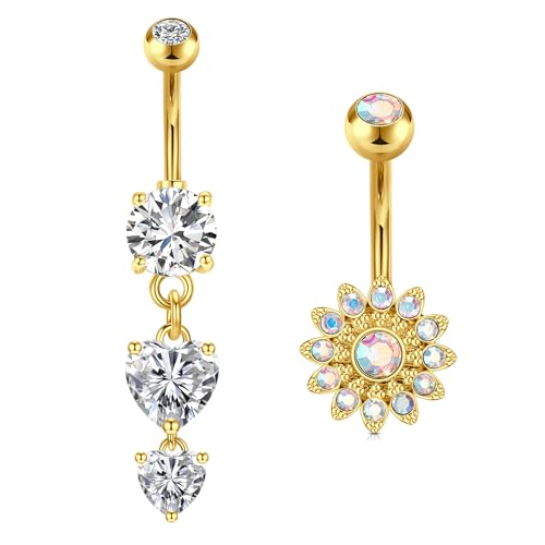 JFORYOU 14G Bauchnabelpiercing Chirurgische Edelstahl Herz CZ Blume Schmetterling Baumelnden Bauchpiercing Nabelpiercing Piercing Schmuck für Frauen Gold Silber von JFORYOU