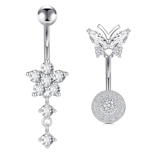 JFORYOU 14G Bauchnabelpiercing Chirurgische Edelstahl Herz CZ Blume Schmetterling Baumelnden Bauchpiercing Nabelpiercing Piercing Schmuck für Frauen Gold Silber von JFORYOU