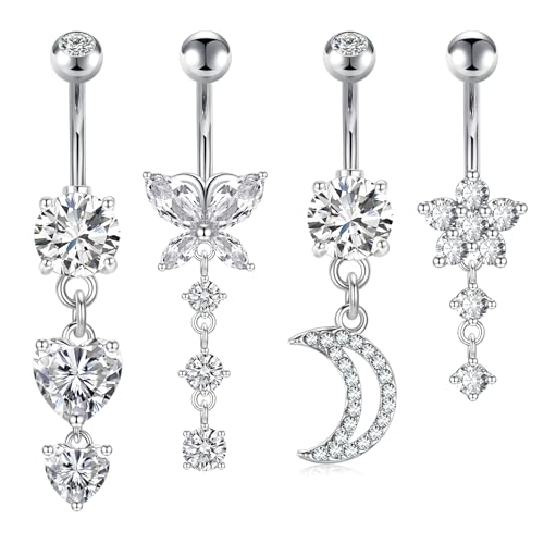 JFORYOU 4stk Bauchnabelpiercing 14G Chirurgenstahl CZ Blume Schmetterling Bauchpiercing Nabel Piercing Schmuck für Frauen Gold Silber von JFORYOU