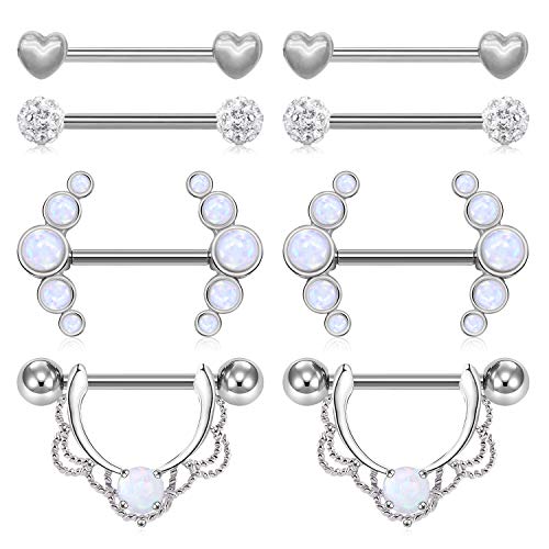 JFORYOU 14G Brustwarzenpiercing Chirurgenstahl Opal Stein Herz Barbell Damen Brustwarze Piercing Schmuck 8 Stück Silber Farbe von JFORYOU