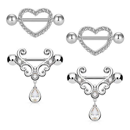 JFORYOU 2 Paar 14 Gauge Brustwarzenpiercing Set mit Anhänger Edelstahl Damen Piercing Brustwarze Schmuck 2 Herz Stil von JFORYOU