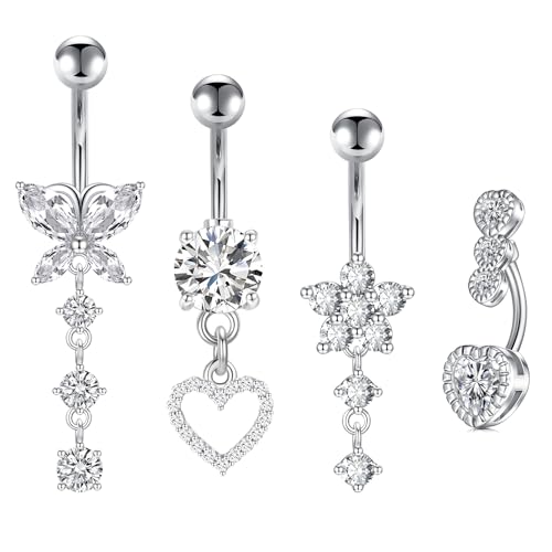JFORYOU 4stk Bauchnabelpiercing 14G Chirurgenstahl CZ Blume Schmetterling Bauchpiercing Nabel Piercing Schmuck für Frauen Gold Silber von JFORYOU
