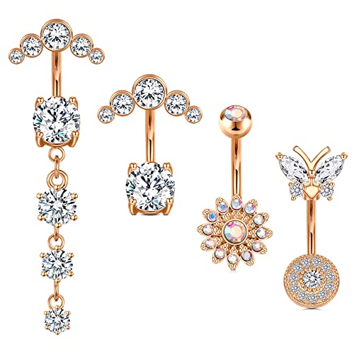 JFORYOU Bauchnabelpiercing 4 Stück CZ Glänzend Bauchnabelpiercing Chirurgenstahl für Frauen Sonnenblume Herz Schmetterling Design von JFORYOU