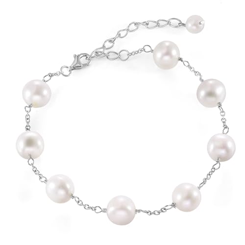 JFUME Perlenarmbänder für Frauen 925 Sterling Silber Rhodium plattiert mit 8-9mm weißen Süßwasser-Zuchtperlen Armband 7.5inches einstellbar von JFUME