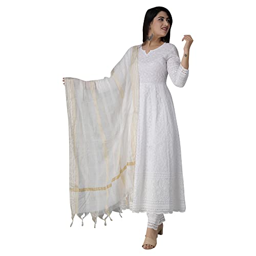 Chikankari Baumwolle Indische Kurti für Frauen Sommerkleid Kurta Hose mit Dupatta Set Pakistanische Lange Kurta…, Weißer Anarkali, X-Large von JG JAI GOVINDAM