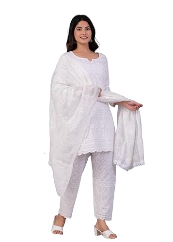 Chikankari Baumwolle Indische Kurti für Frauen Sommerkleid Kurta Hose mit Dupatta Set Pakistanische Lange Kurta…, Weißer Kurti, Large von JG JAI GOVINDAM