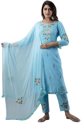 JG Damen Ethnic Wear Collection Rayon Straight Embridered Kurti & Pant Set mit Dupatta, Blau, Large von JG JAI GOVINDAM
