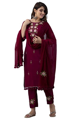 JG Damen Ethnic Wear Collection Rayon Straight Embridered Kurti & Pant Set mit Dupatta, Kastanienbraun, M von JG JAI GOVINDAM