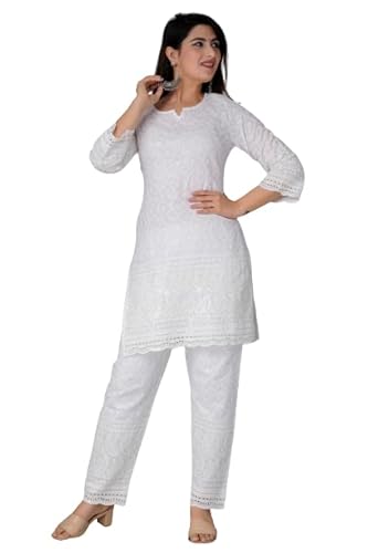 JG JAI GOVINDAM Chikankari Baumwolle Indian Kurtis für Frauen Sommerkleider Tunika Top Hose Set Pakistani Salwar Kameez Anzug Set, Weiss/opulenter Garten, Large von JG JAI GOVINDAM