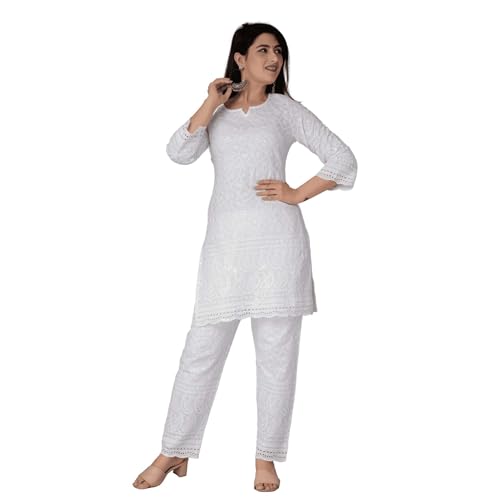 JG JAI GOVINDAM Chikankari Baumwolle Indian Kurtis für Frauen Sommerkleider Tunika Top Hose Set Pakistani Salwar Kameez Anzug Set, Weiss/opulenter Garten, Large von JG JAI GOVINDAM