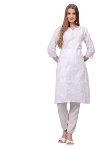 JG JAI GOVINDAM Indische handbestickte Kurti für Damen, Chikankari, gerade Baumwolle, lange Kurti-Tunika, Kurta-Kleid für Damen, Weiss/opulenter Garten, X-Large von JG JAI GOVINDAM