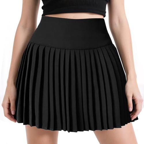 JGCJGG Tennisrock Damen, Faltenrock Schwarz mit Hoher Taille, Minirock Damen in A-Linie mit Falten, Sportrock UV Schutz Röcke Hosenrock Golfrock Workout Outdoor Laufen (Schwarz, Größe L) von JGCJGG