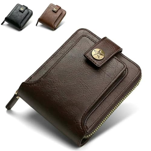 JGDSDMJG Herren Geldbörse Vintage Pu Leder Kurze Schnalle Reißverschluss Clutch Langlebige Und Praktische Geldbörse-tiefer Kaffee von JGDSDMJG