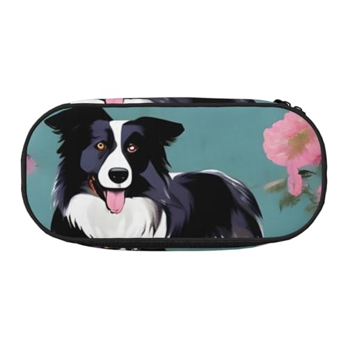 JGHHOUN Federmäppchen mit Border Collie-Blumendruck, geräumiges Stifteetui, Reißverschluss, hohe Kapazität, Make-up-Tools, Bürobedarf von JGHHOUN