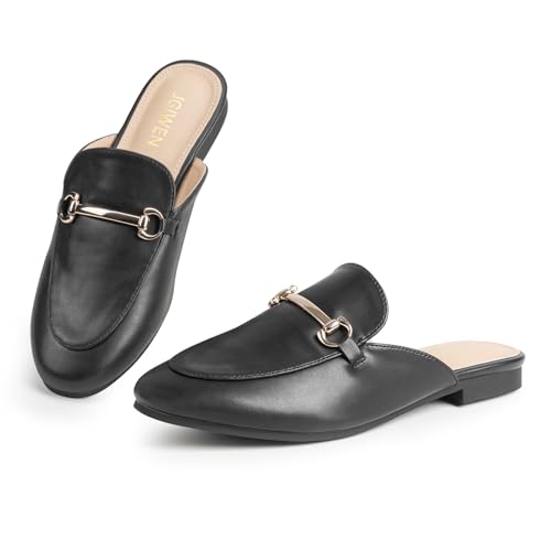 JGIWEN Pantoletten für Damen, flache Schuhe, bequeme Schnalle, runde Zehenpartie, rückenfrei, Schlupfschuhe, Größe 39-45, Schwarz (Black Pu), 37 EU von JGIWEN