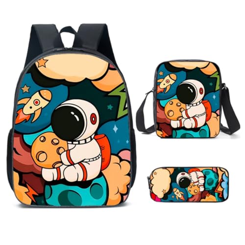 JGJOAIJ Astronauts Jungen Schulrucksack, Grundschulranzen-Set mit Schultertaschen und Federmäppchen, 3-in-1, Kinder-Büchertasche, Weltraumthema, Geschenk, Farbe2, 15 inch von JGJOAIJ