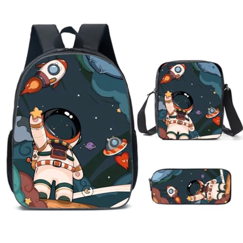 JGJOAIJ Astronauts Jungen Schulrucksack, Grundschulranzen-Set mit Schultertaschen und Federmäppchen, 3-in-1, Kinder-Büchertasche, Weltraumthema, Geschenk, Farbe3, 15 inch von JGJOAIJ