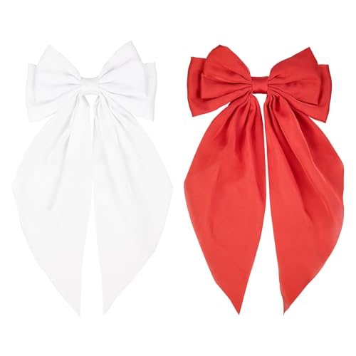 JGQUR Satin Haarspangen für Frauen - 2 Stück Lange Schwanz Schleife Alligator Clips, Weiche Band Haarspangen für Mädchen Tägliches Tragen, Geschenke für Geburtstagsfeier, Rot Weiß Schleifen JGQUR Satin Haarspangen für Frauen - 2 Stück Lange Schwanz Schleife Alligator Clips, Weiche Band Haarspangen für Mädchen Tägliches Tragen, Geschenke für Geburtstagsfeier, Rot Weiß Schleifen von JGQUR