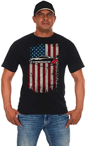 Herren Dodge Charger T-Shirt Amerikanische Flagge Schwarz Rundhals Shirt, Schwarz, L von JH DESIGN GROUP