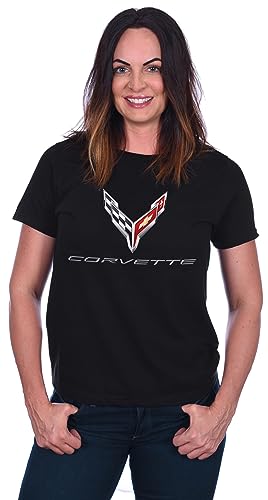 JH DESIGN GROUP Damen Chevy Corvette C8 Logo T-Shirt in Rundhals oder V-Ausschnitt, Schwarzer Rundhalsausschnitt, X-Groß von JH DESIGN GROUP