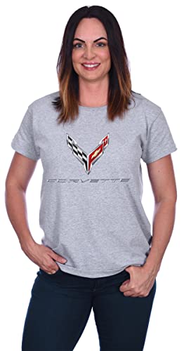 JH DESIGN GROUP Damen Chevy Corvette C8 Logo T-Shirt mit Rundhalsausschnitt oder V-Ausschnitt, Grauer V-Ausschnitt, Groß von JH DESIGN GROUP