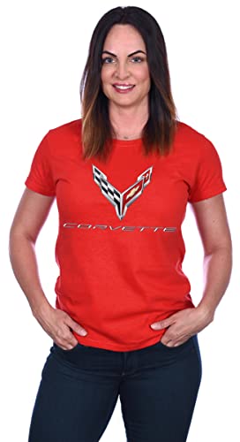 JH DESIGN GROUP Damen Chevy Corvette C8 Logo T-Shirt mit Rundhalsausschnitt oder V-Ausschnitt, Roter Rundhalsausschnitt, XX-Large von JH DESIGN GROUP