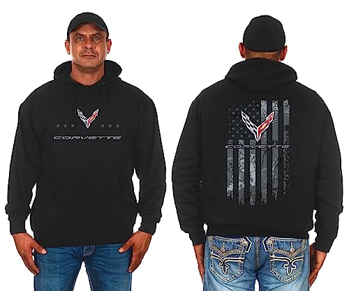 JH DESIGN GROUP Chevy Corvette C8 Herren-Kapuzenpullover, amerikanische Flagge, zweiseitiges Sweatshirt, Schwarz, X-Large von JH DESIGN GROUP