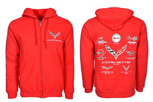 JH DESIGN GROUP Herren Chevy Corvette Kapuzenpullover mit Reißverschluss, Rot C1 Thru C8 Embleme, Rot/Ausflug, einfarbig (Getaway Solids), Large von JH DESIGN GROUP