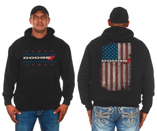 JH Design Herren Dodge Logo Pullover Hoodie Amerikanische Flagge Schwarz 2-seitiges Sweatshirt, Schwarz, Medium von JH DESIGN GROUP